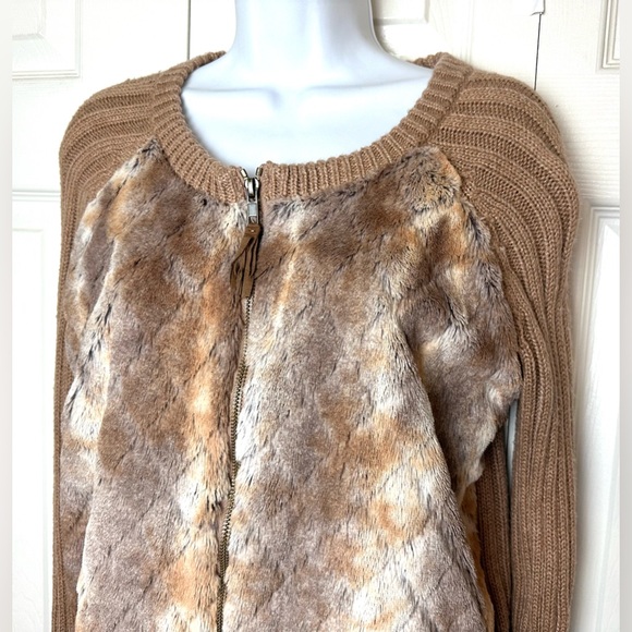 ELLA MOSS Vannah Cardigan Sweater Camel Tan Brown Faux Rabbit Fur Ribbed Knit - Picture 5 of 13